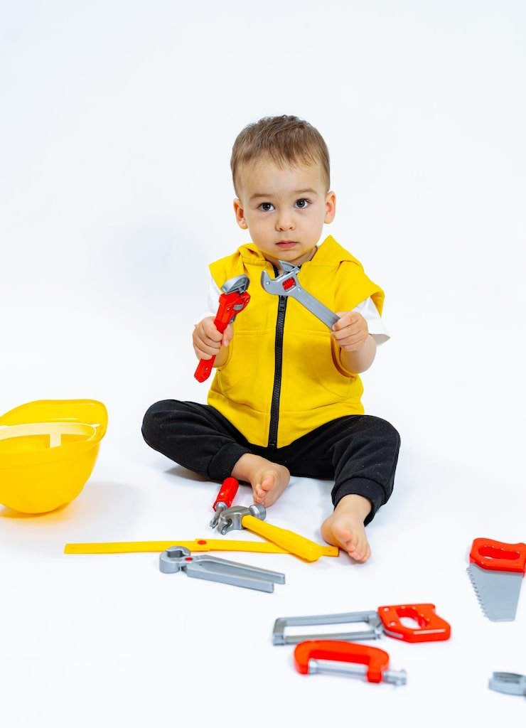 young boy is playing with set toy tools including hammer pliers wrench 116317 62229